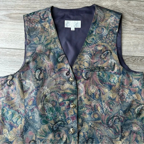 Vintage Cleo Shimmer Paisley Print Long  Length Vest Made in Canada - Picture 5 of 12